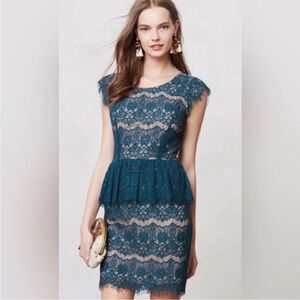 Anthropologie Maeve Elsa Teal Lace Peplum Sheath Dress